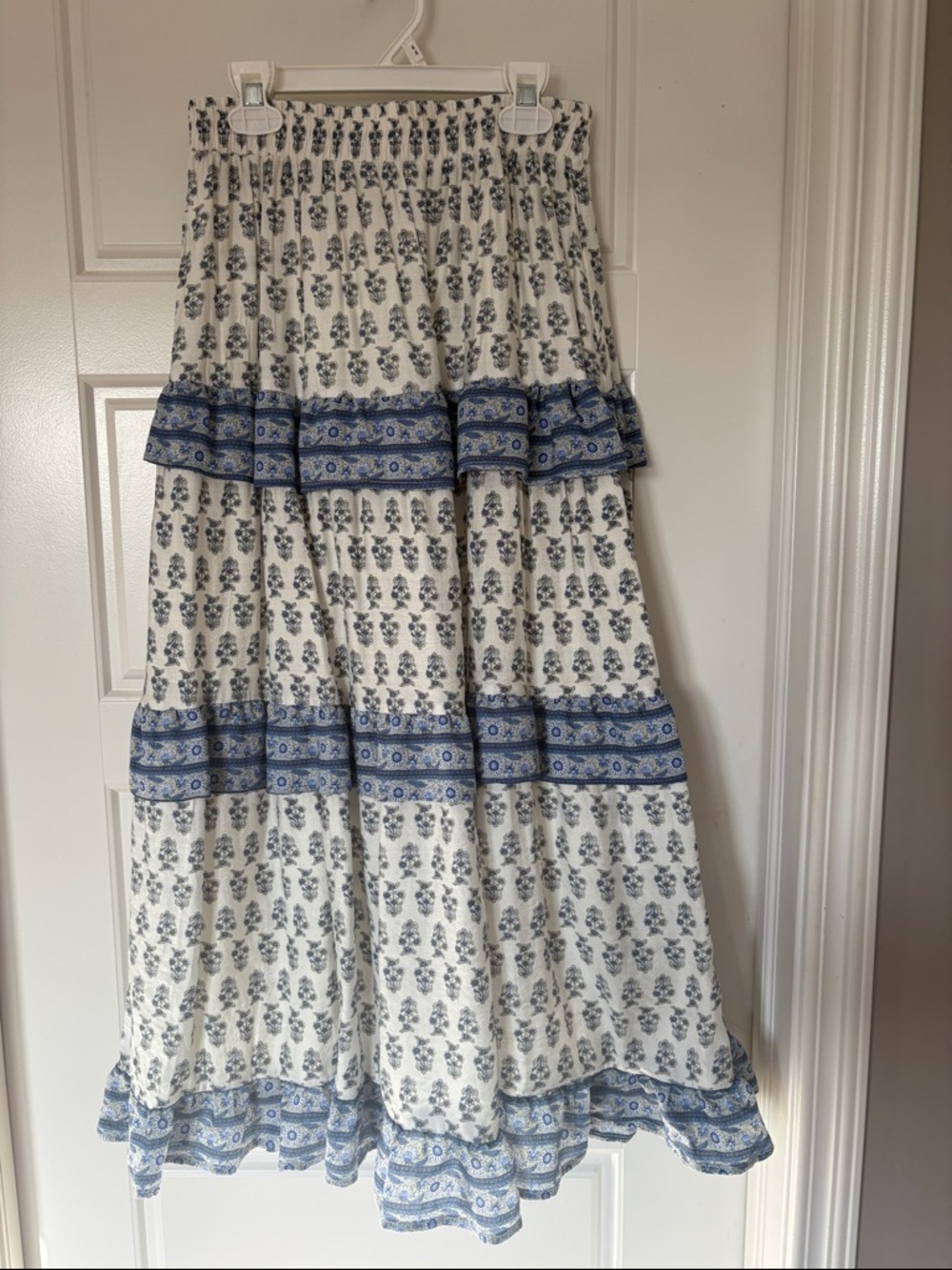 Blu Pepper White Maxi Skirt with Blue Floral Border
